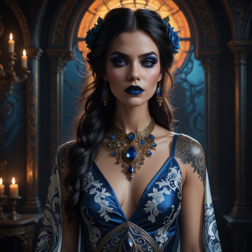 Dark Fantasy Nightgown Beauty in Luxurious Satin, Emo Makeup...