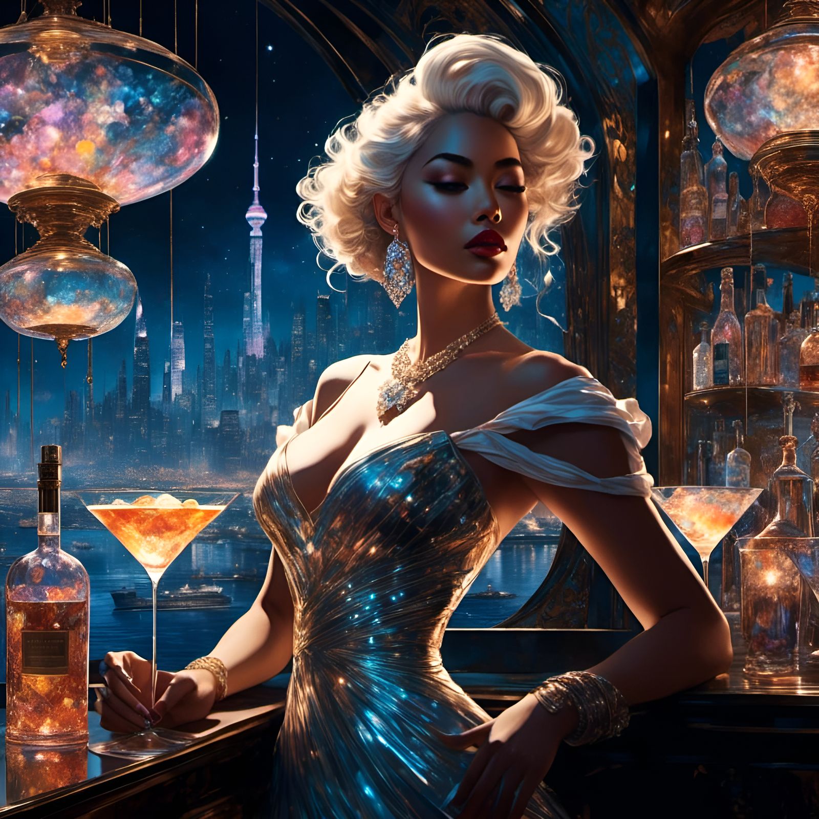 Cyberpunk Bartender in Seaside Harbor, Hyperreal Art