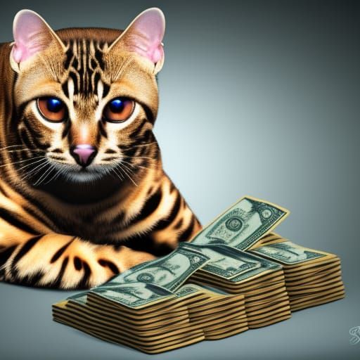 Bengal Cat Sitting on a Pile of Money
