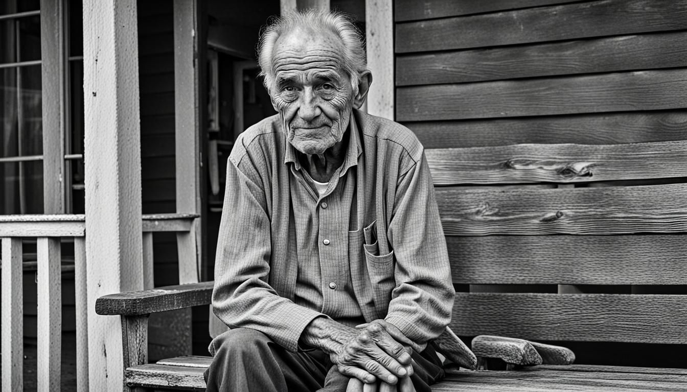 Contemplative Elderly Man on Porch in Black and White
