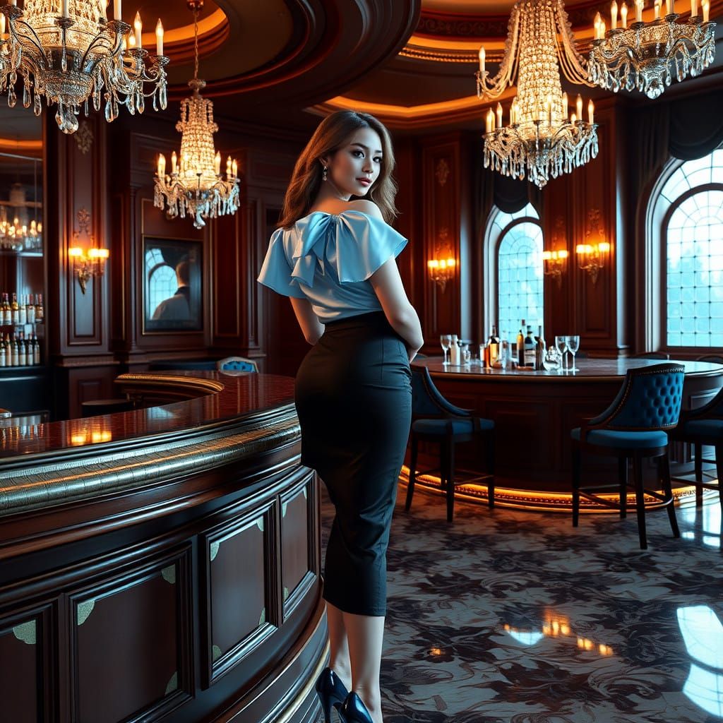 Sultry Hotel Siren in Elegant Blue Satin Attire