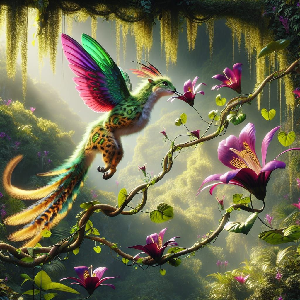 Hummingbird-Ocelot Hybrid Soaring Over Jungle Vine