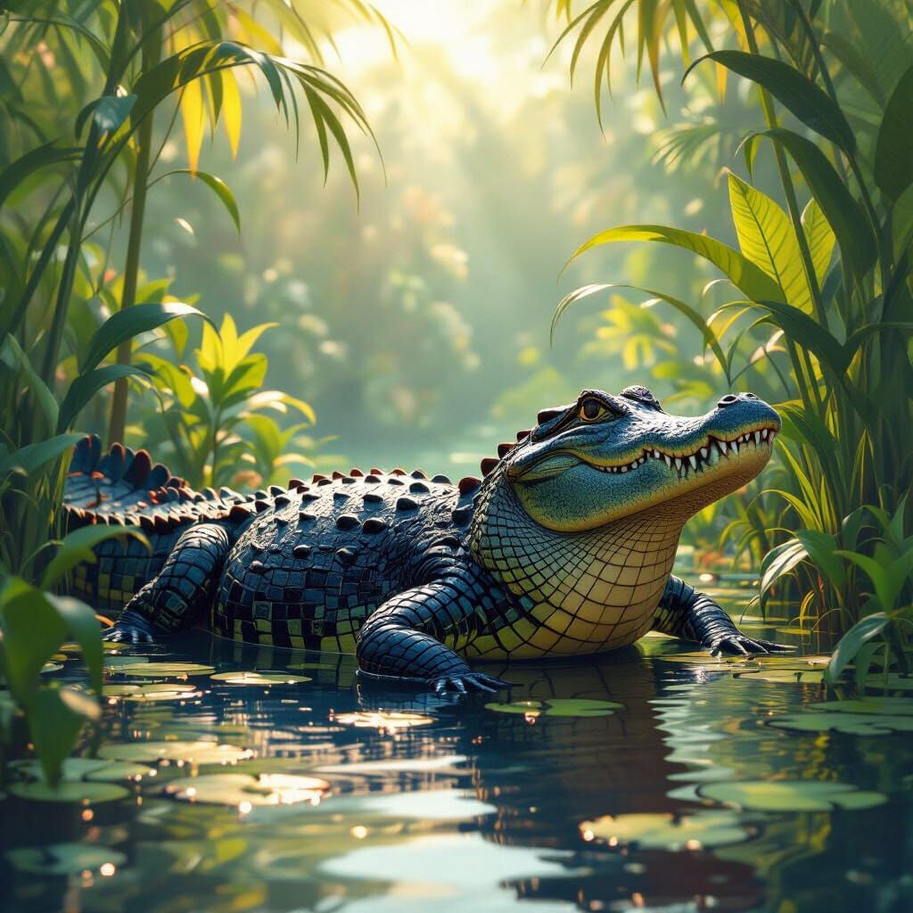 Alligator Mother in a Lush Swamp, Digital Matte Painting