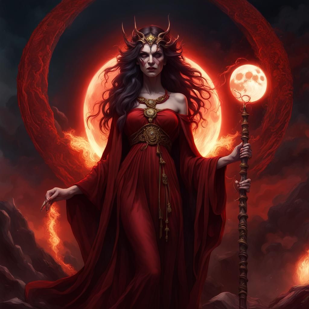 Goddess Hecate with Fiery Staff and Full Moon