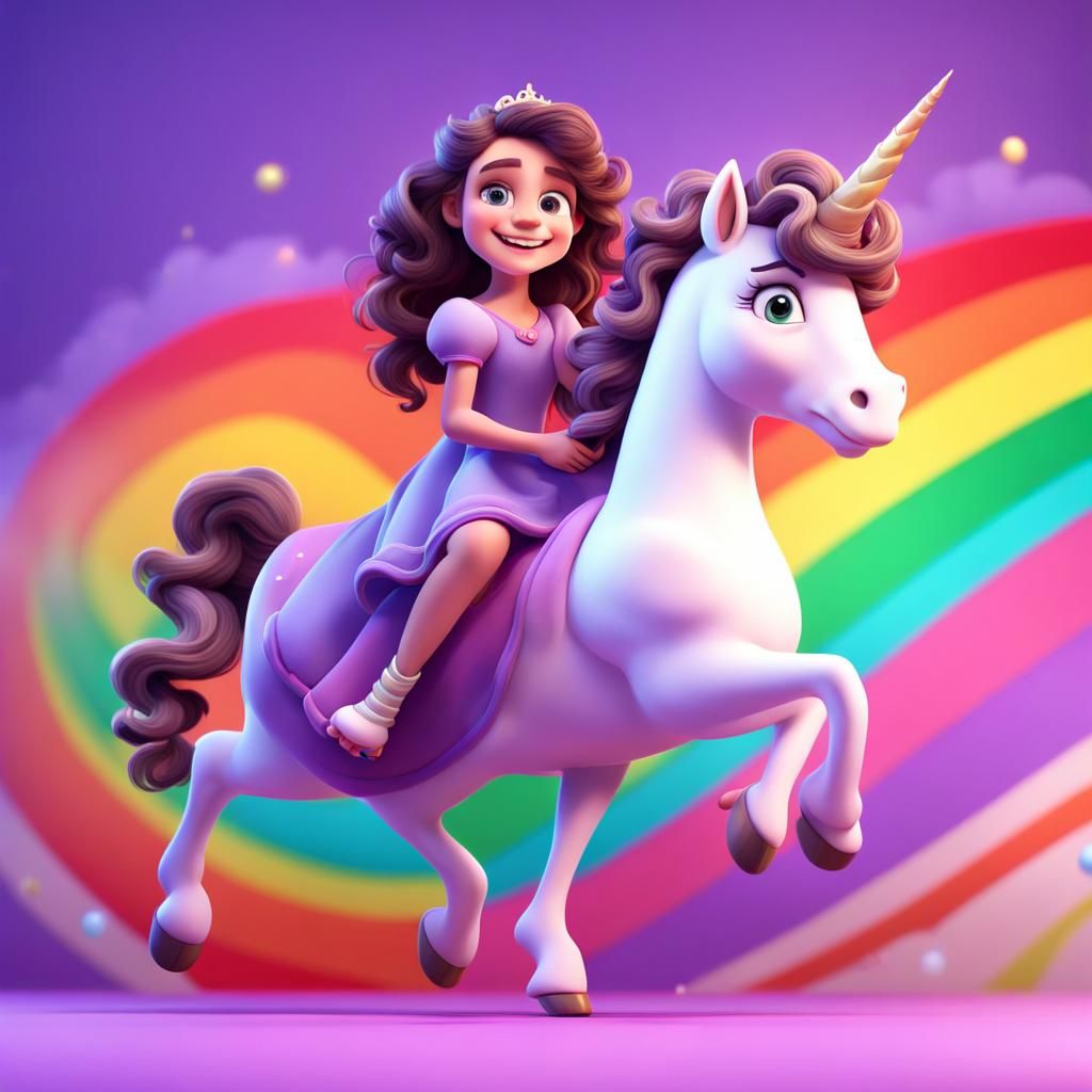 Girl on Unicorn Over Rainbow: 3D Digital Art