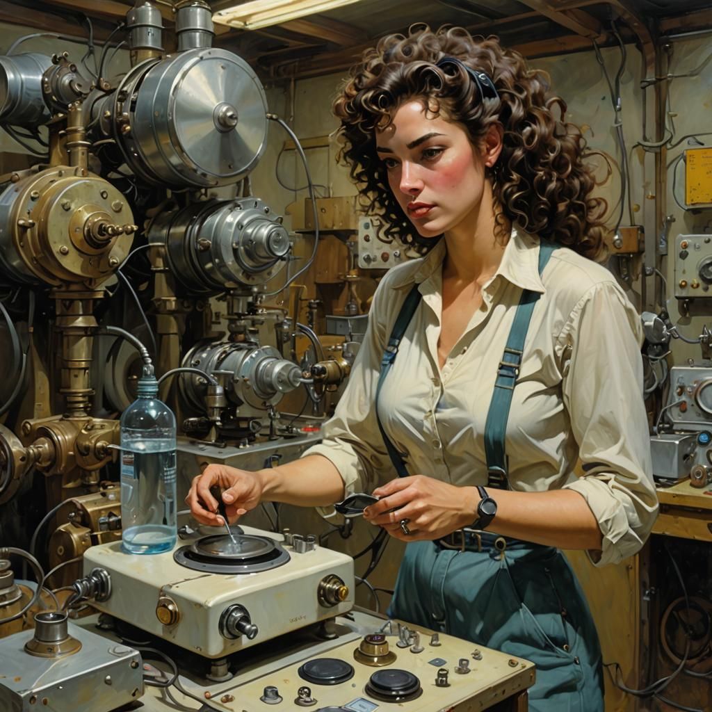 Woman Mixing Gadgets in a Classic Fantasy Art Style