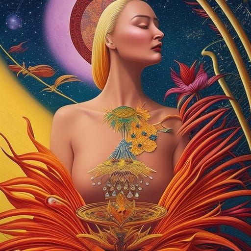 Celestial Woman in Surreal Sun and Moon Bed