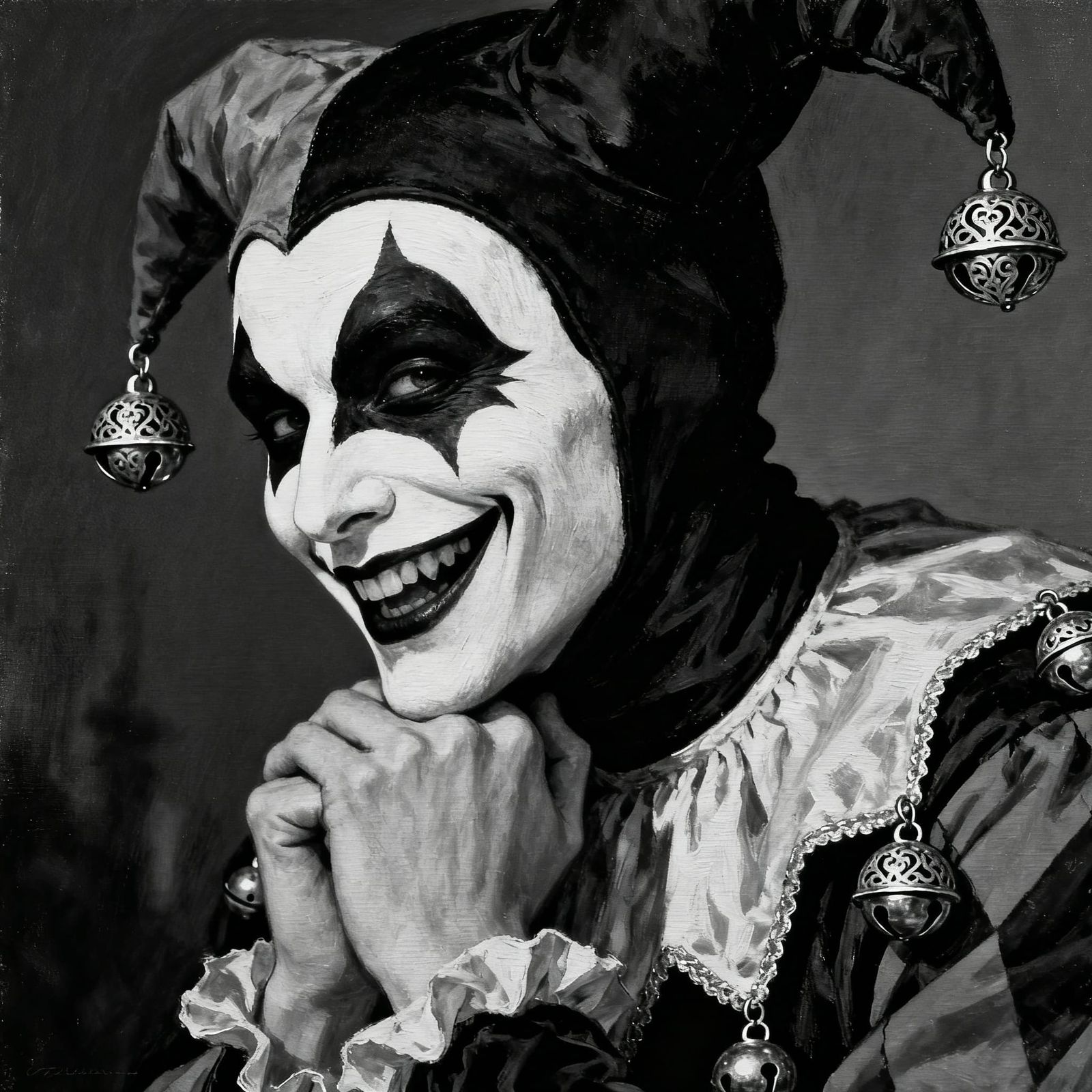 Macabre Jester's Sinister Smile in Close-Up