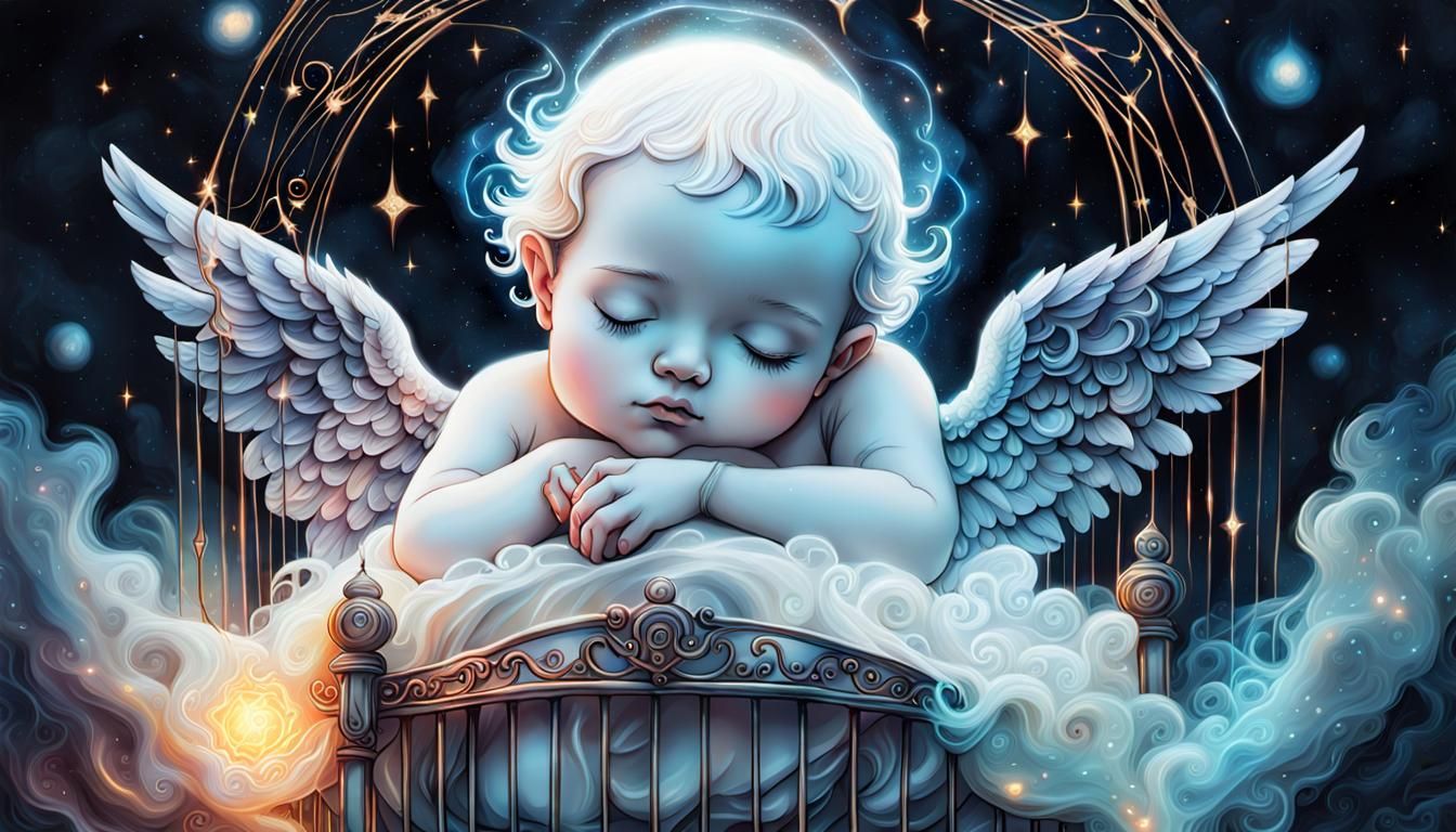 baby angel sleeping in a crib, cherub, tiny, abstract, electricity, sparks, mystical, magical, enchantingly beautiful, c...