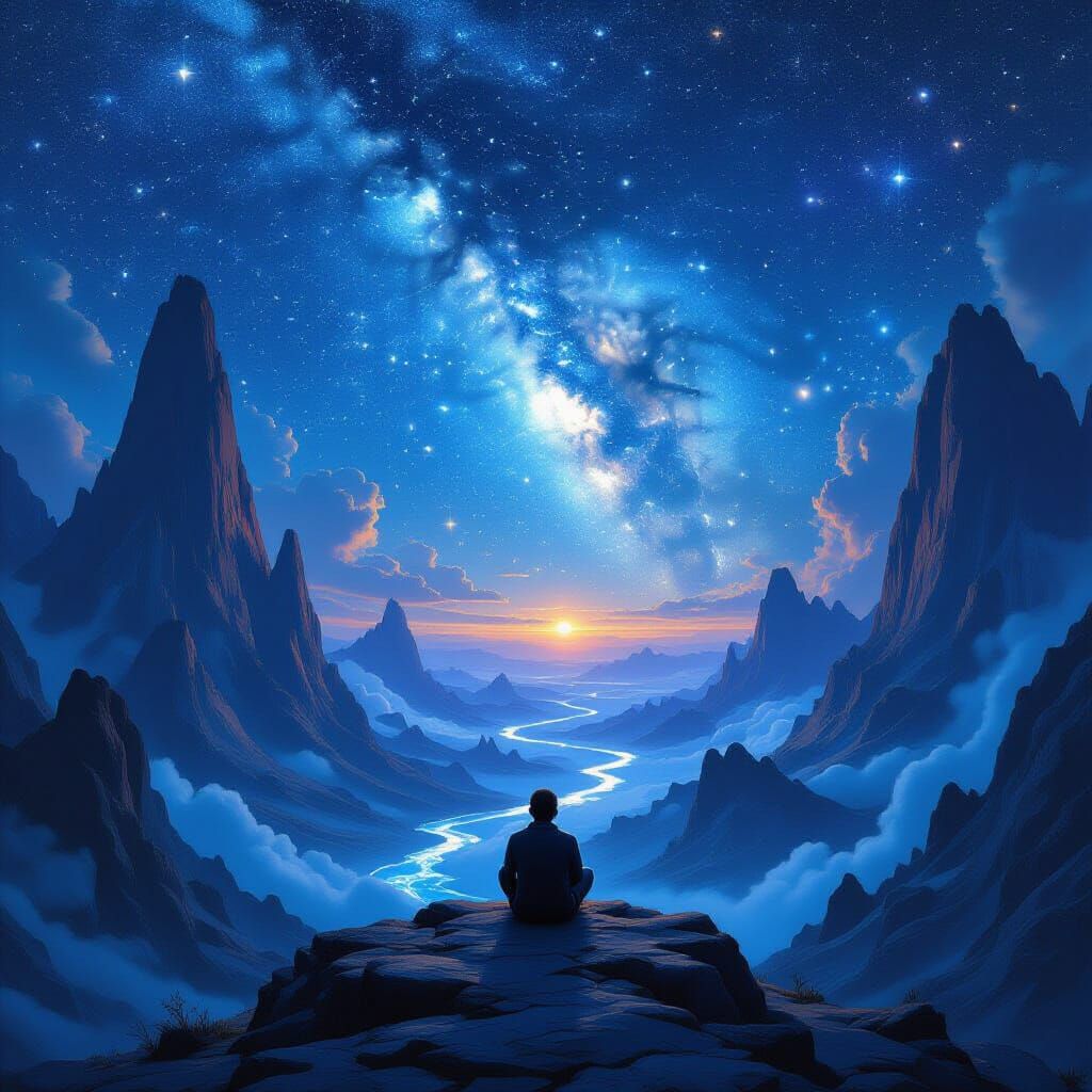 Stargazer on Dream Mountain Under Musical Constellations