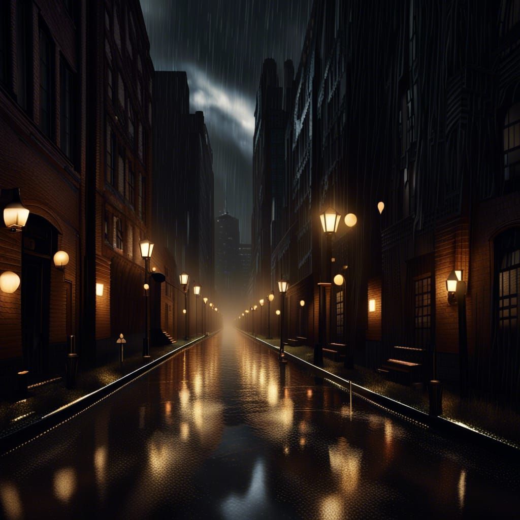 Rainy Night in Art Deco City Alley