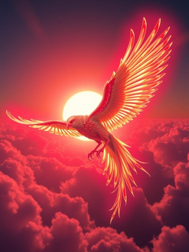 Der mystische Vogel Phoenix fliegt durch den Himmel. Seine Flügel brennen. Im Hintergrund scheint die Sonne. Dem Phoenix...