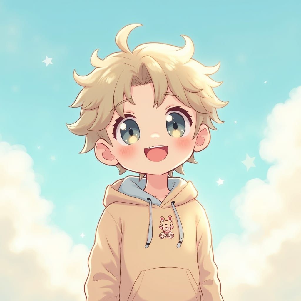 Kawaii Boy Amidst Whimsical Pastel-Hued Skies