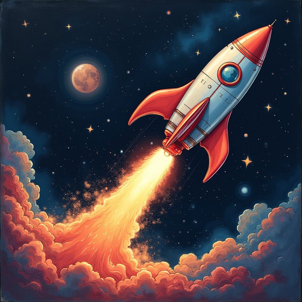 Rocket Launching into Space: Scratch Art Illustration