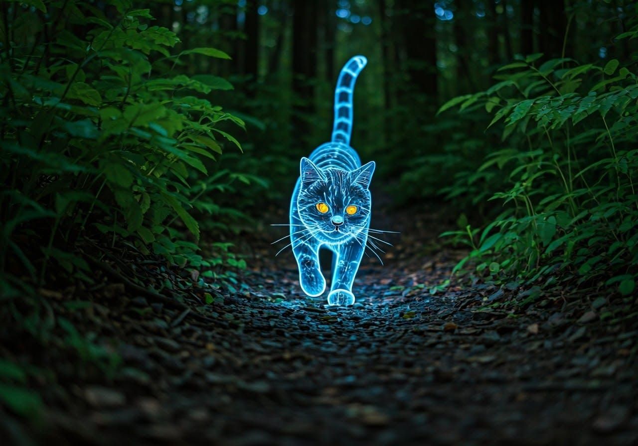 Bioluminescent Glass Cat in Enchanted Forest