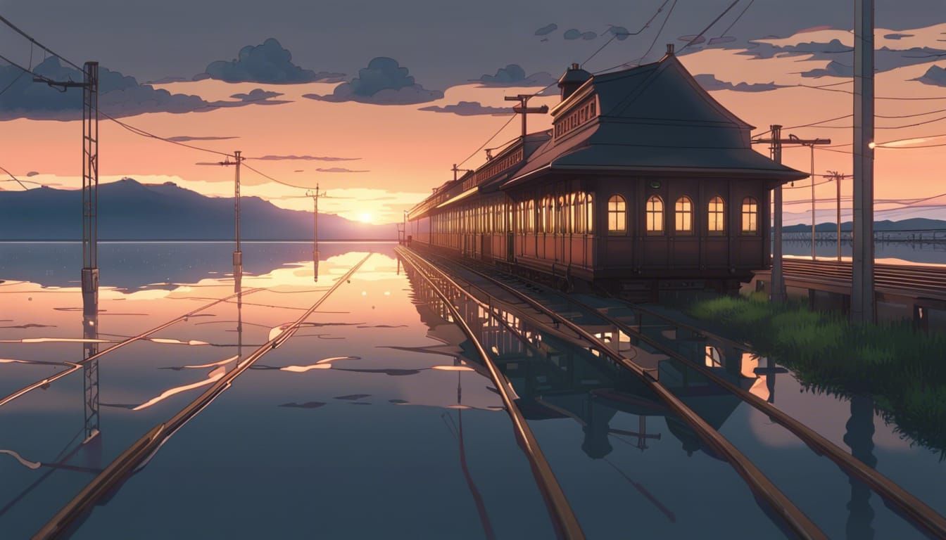 Flooded Train Station in Ghibli Anime Style