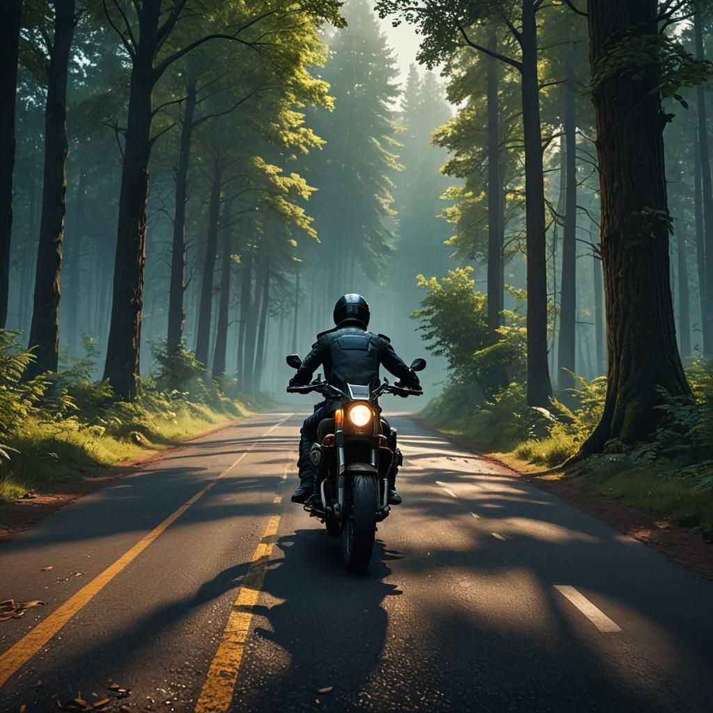 Motorcycle Chase Through Forest: Matte Painting Style