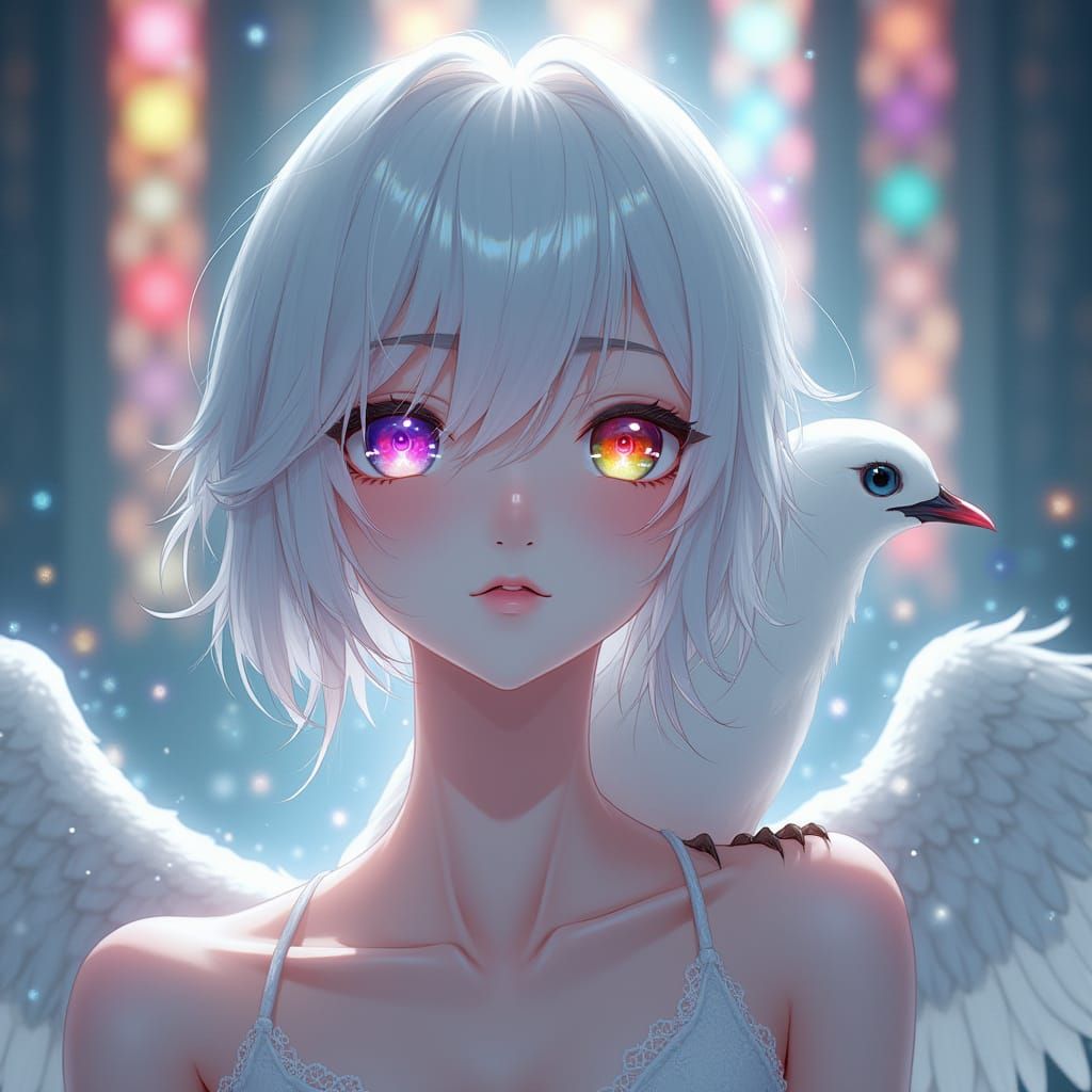 Mystical Anime Goddess with Rainbow Eyes and Wings