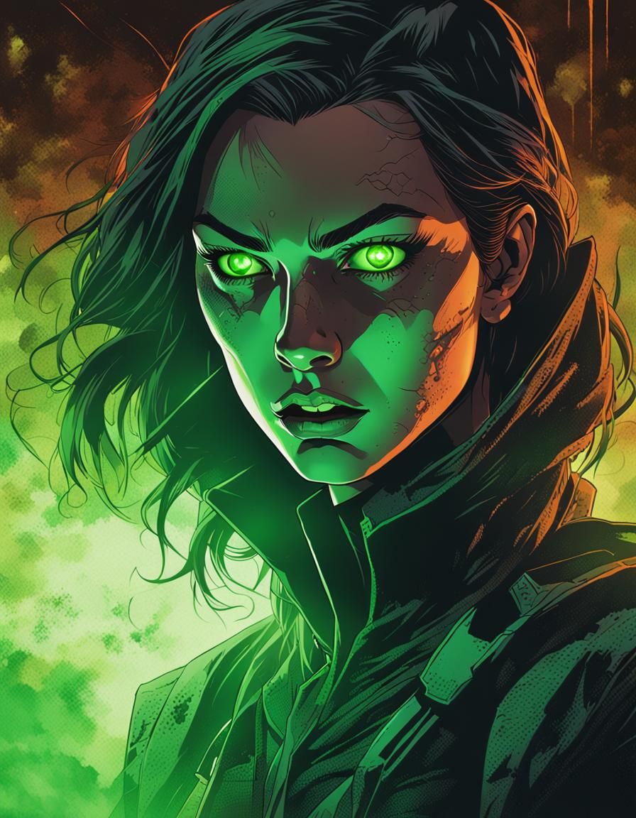 Green-Eyed Vampire Comic Book Heroine Portrait