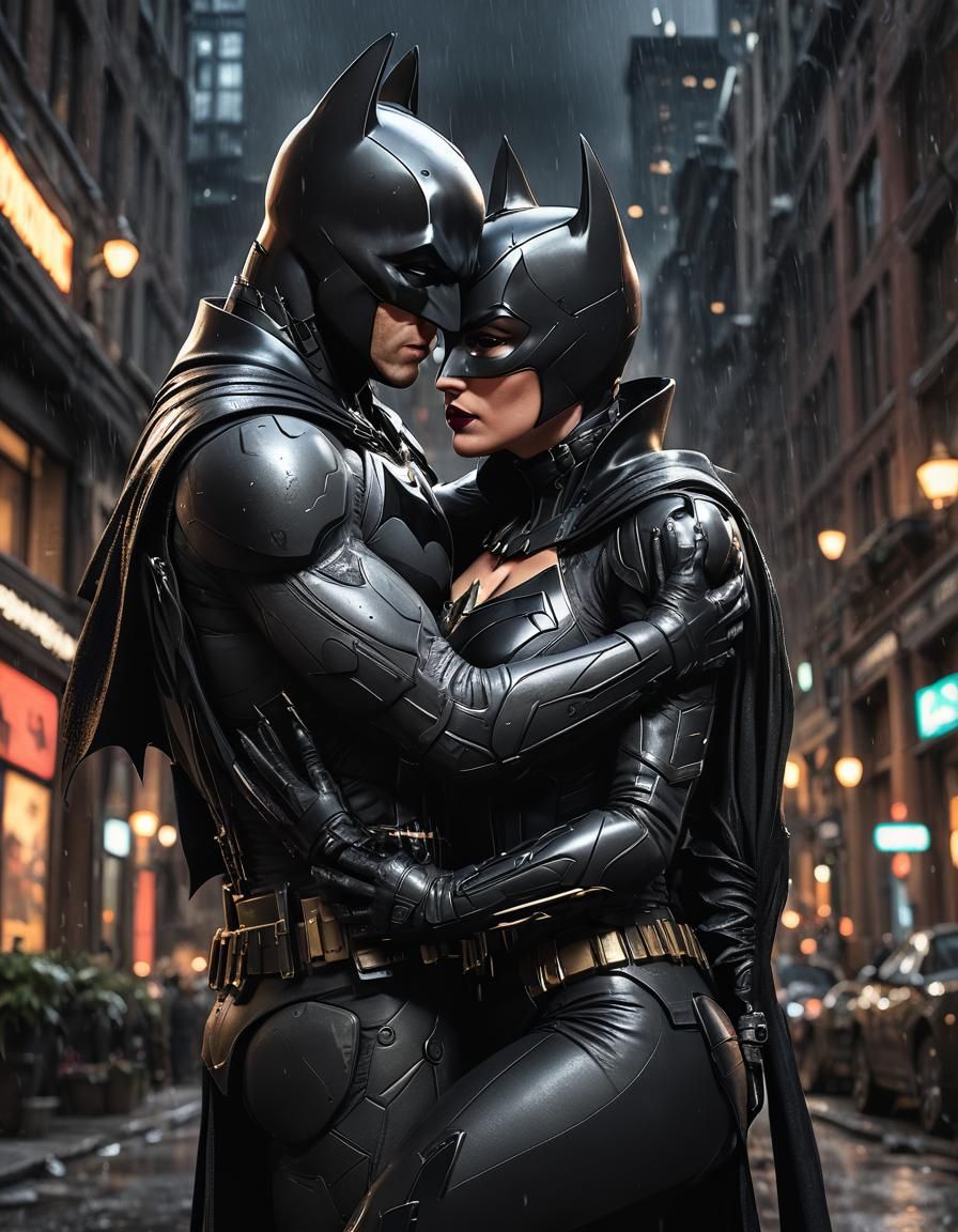 Batman and Catwoman Embrace: 8k Photorealistic Render