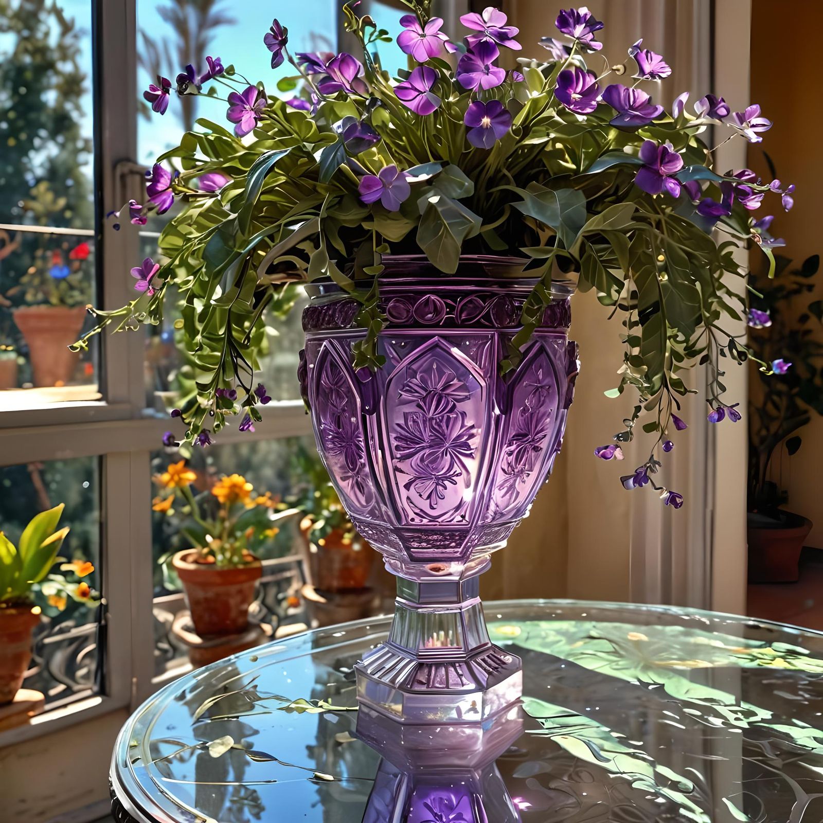 Balcony with Amethyst Vase in Photorealistic Style