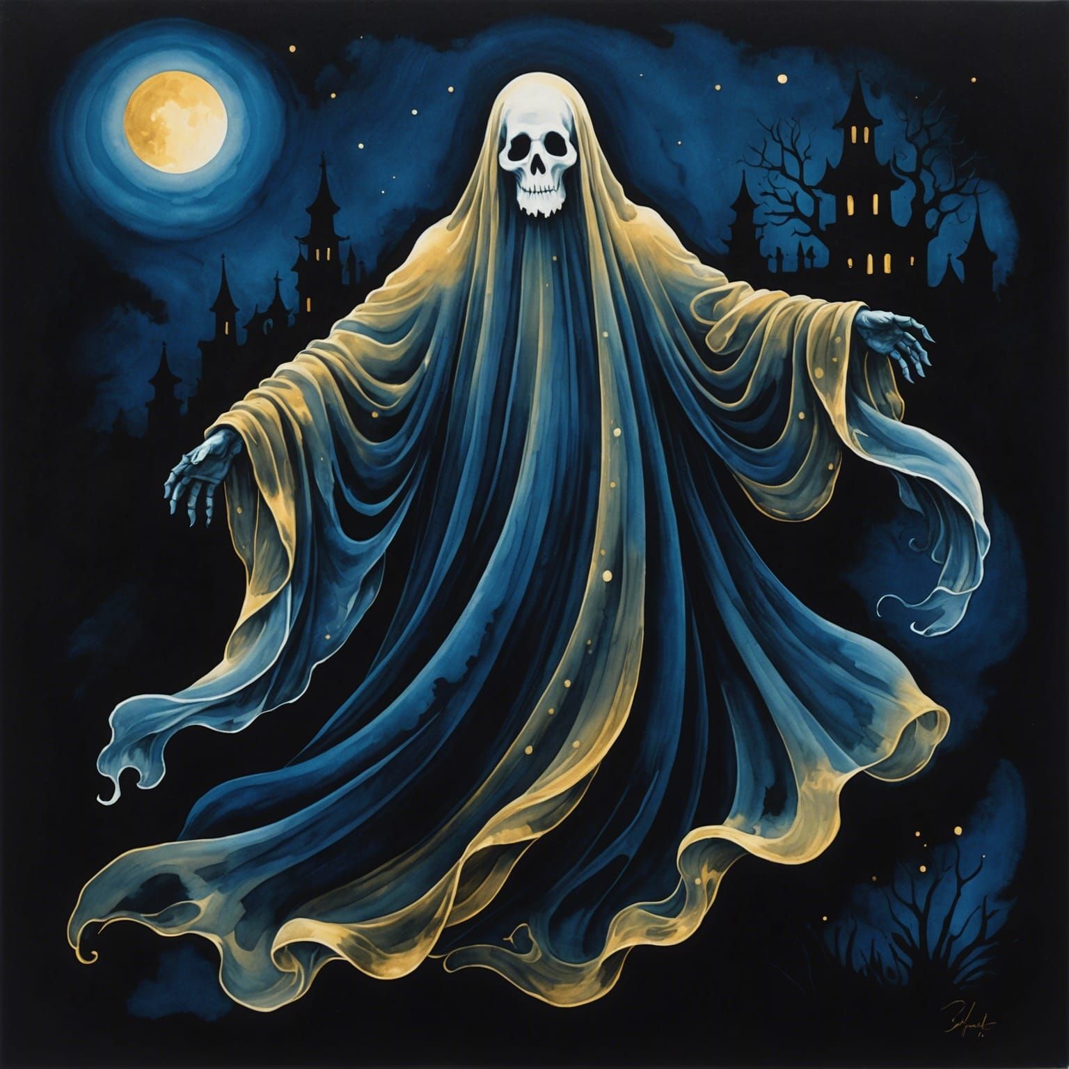 Friendly Ghost Wanders in a Liquid Ink Painting