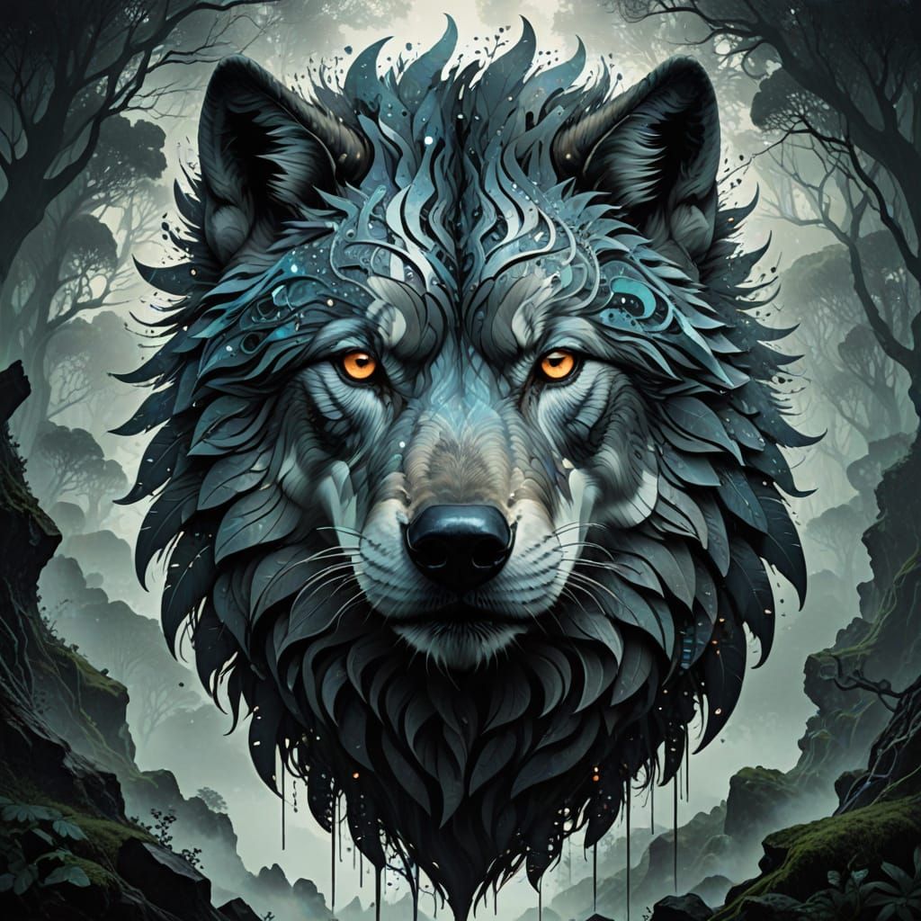 Mystic Dire Wolf in Hyperdetailed Fantasy Collage