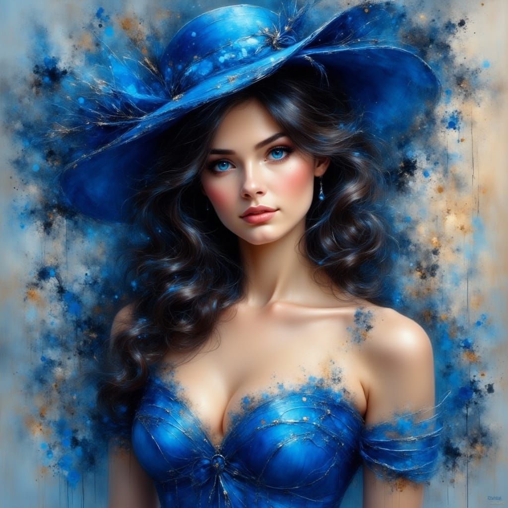 Fashion Portrait: Woman in Blue Dress and Hat