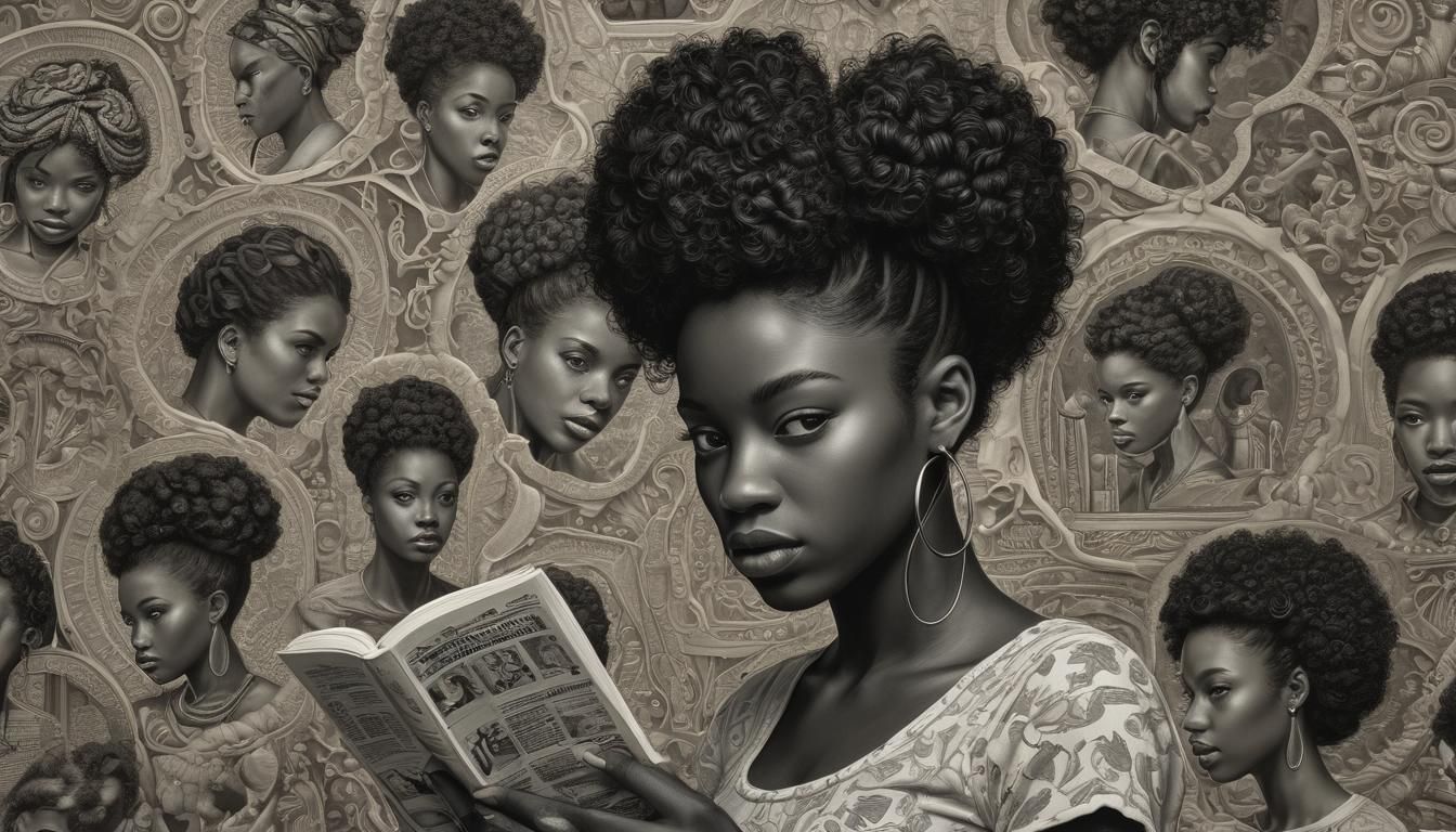 Afrofuturist Girl Reading Amidst Bas-Relief Portraits