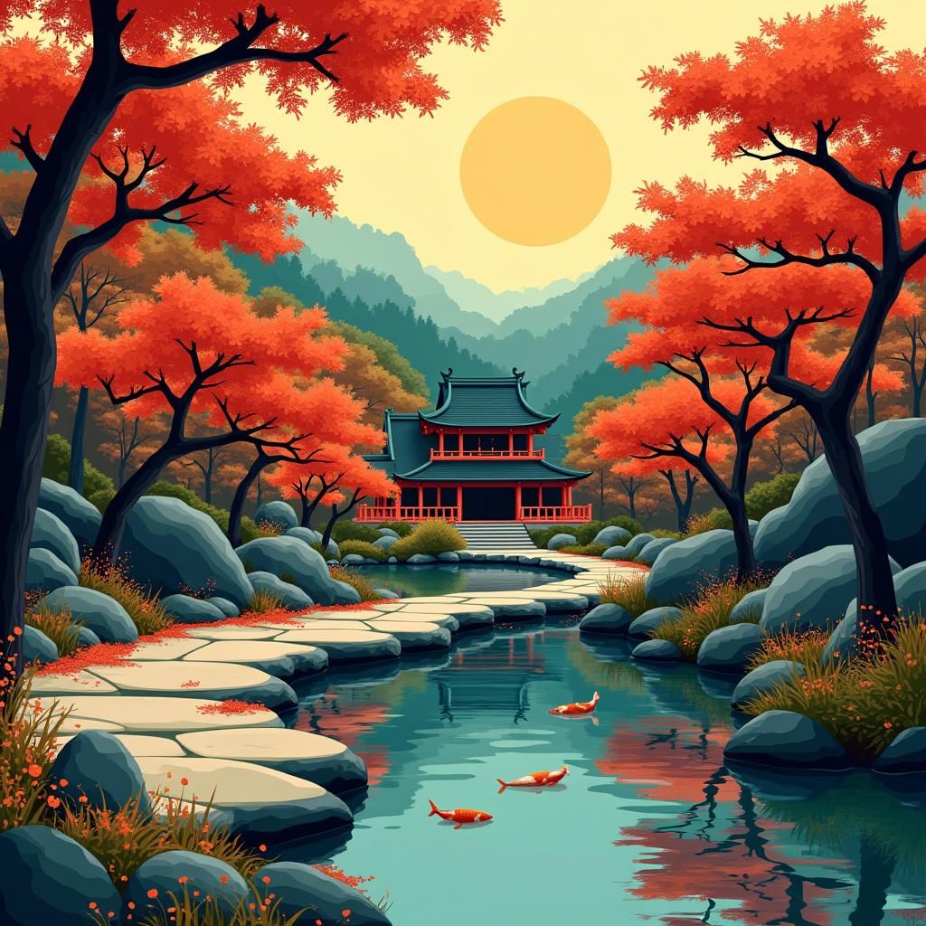 Japanese Zen Garden with Autumn Colors and Pop Art