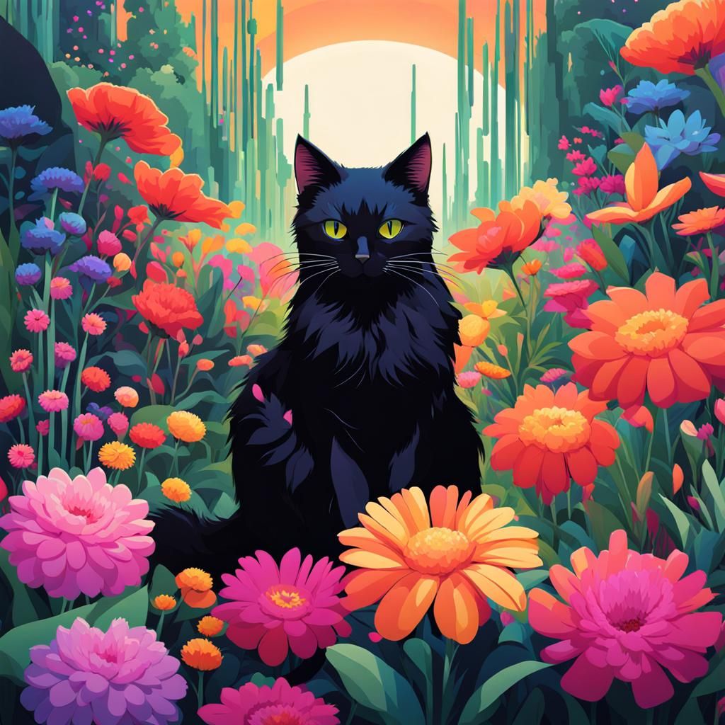 Black cat in a colorful flower garden