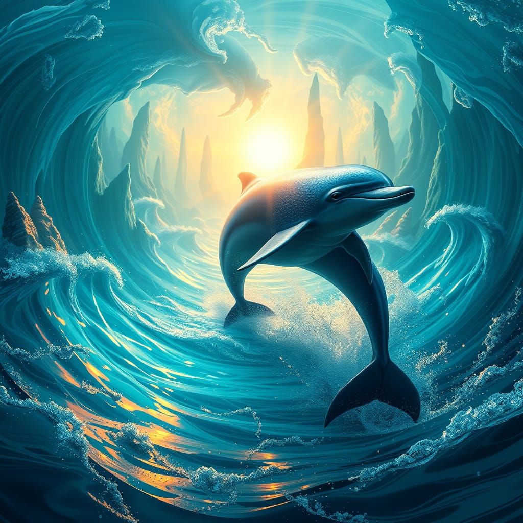 Majestic Dolphin Defies Gravity in Dreamlike Oceanic Landsca...