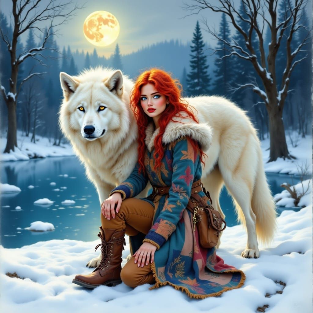 Fantasy Woman and Wolf by Frozen Lake