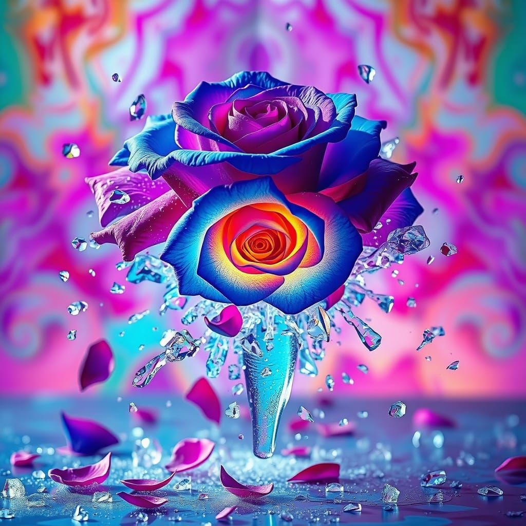 Surreal Icy Rose Bouquet Shatters in a Kaleidoscope of Color