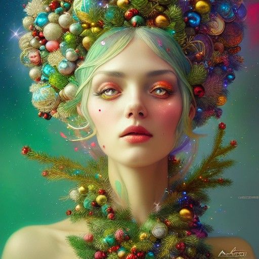 Christmas Tree Goddess with Ornaments in Mixed Media
