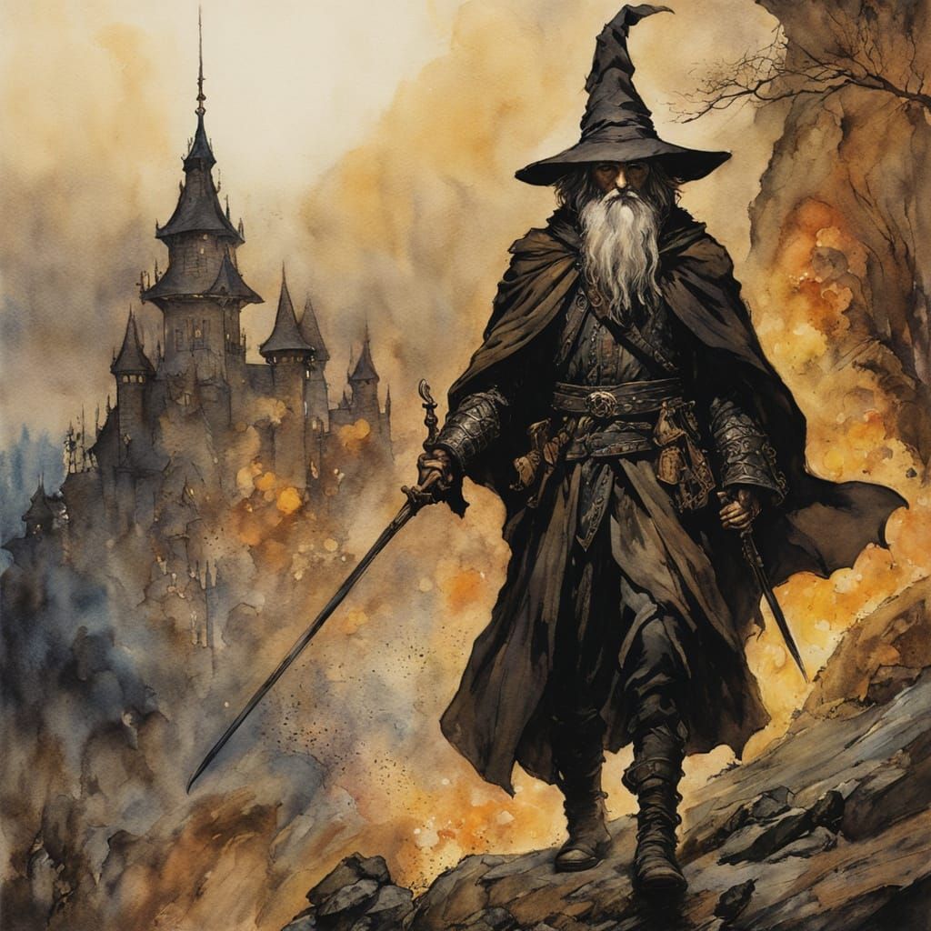 Boy Wizard in Watercolor, Chiaroscuro Style