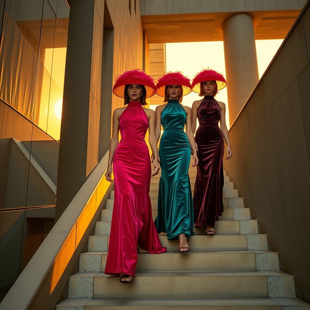 Elegant Women in Velvet Gowns Amidst Brutalist Architecture