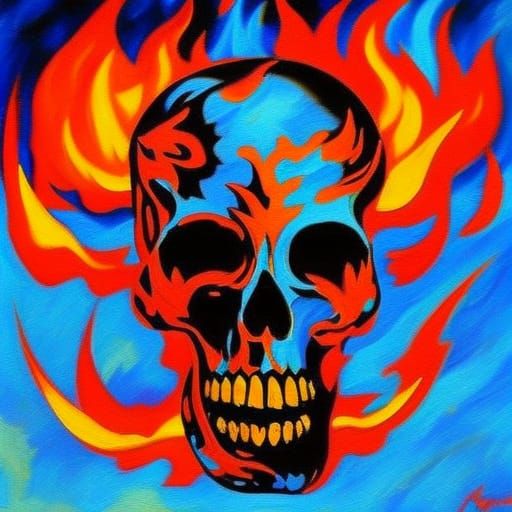 Flaming Skull in Black Space: Expressionist Oil Painting