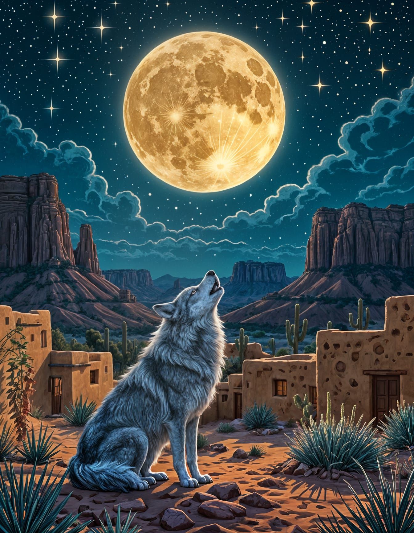Mystical Desert Night: Wolf Howling Under Moonlight