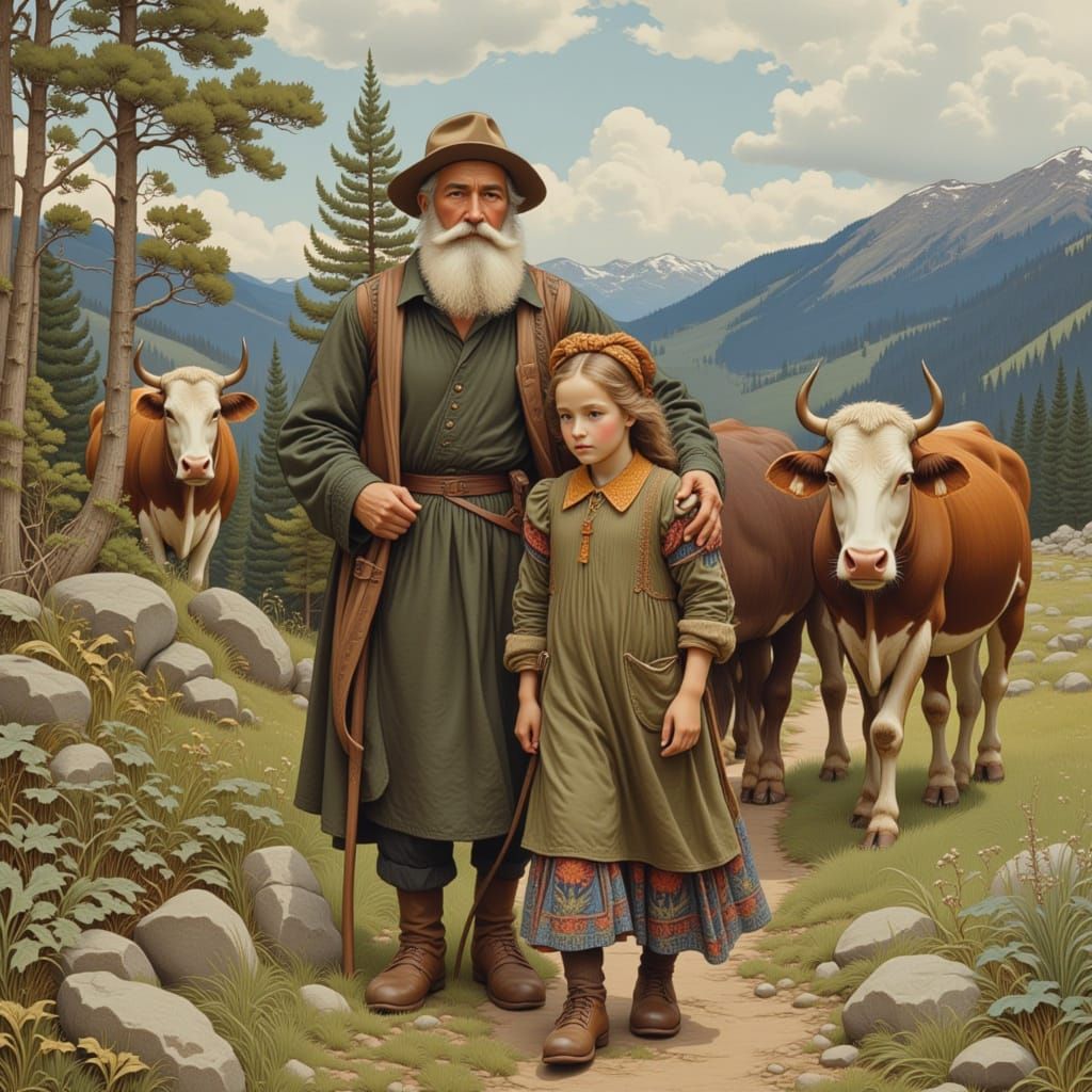 <lora:Bilibin:1.0> In the style of Ernest Bielet, a Swedish mountain scene