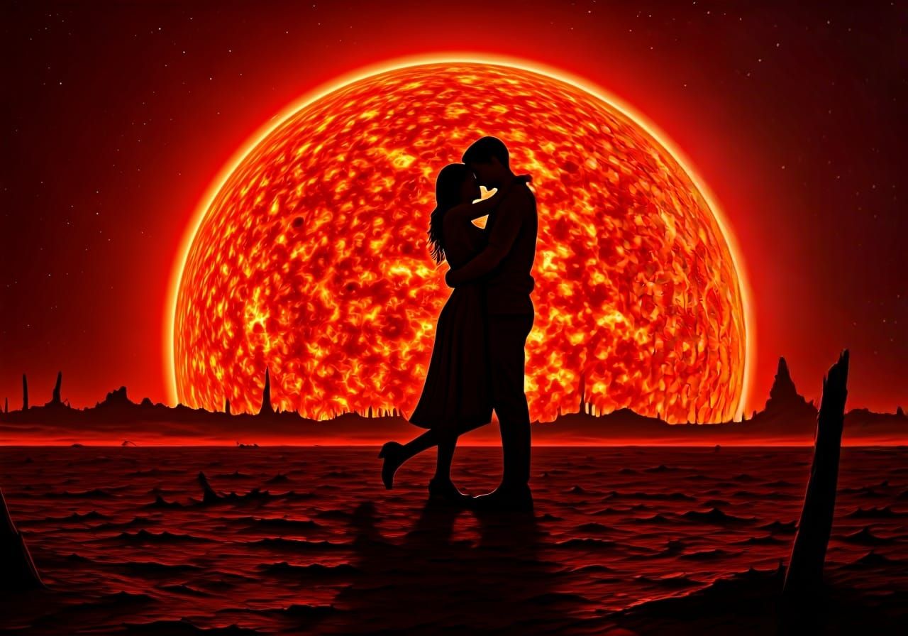 Lovers Embrace Under Exploding Sun in Dystopian Landscape