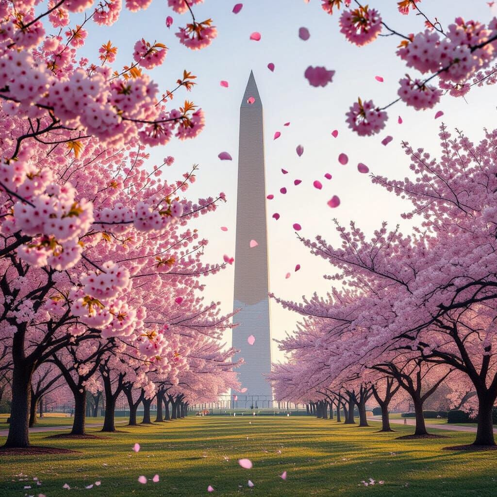 Washington Monument in Cherry Blossom Bloom
