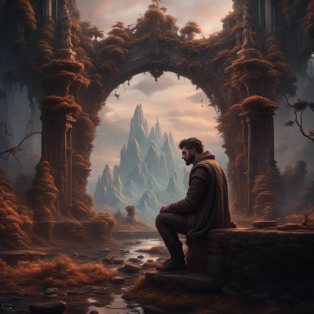 Man Lost in Thought: Detailed Matte Painting