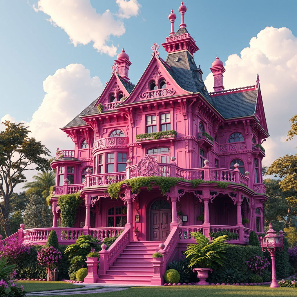 Vibrant Pink Victorian Mansion in Dreamlike Setting