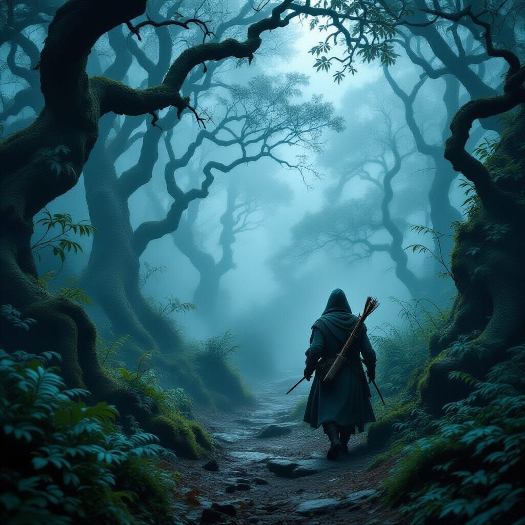 Hobbit Ranger in Foggy Forest Path