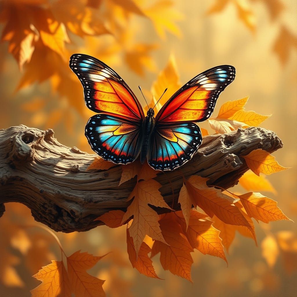 Iridescent Butterfly on Autumn Branch, Impressionistic Style