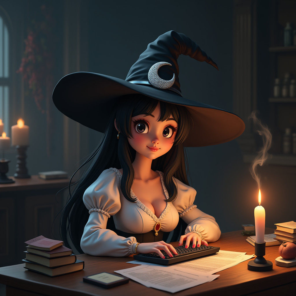 Curvaceous Witch Girl Working at Computer in Anime Style