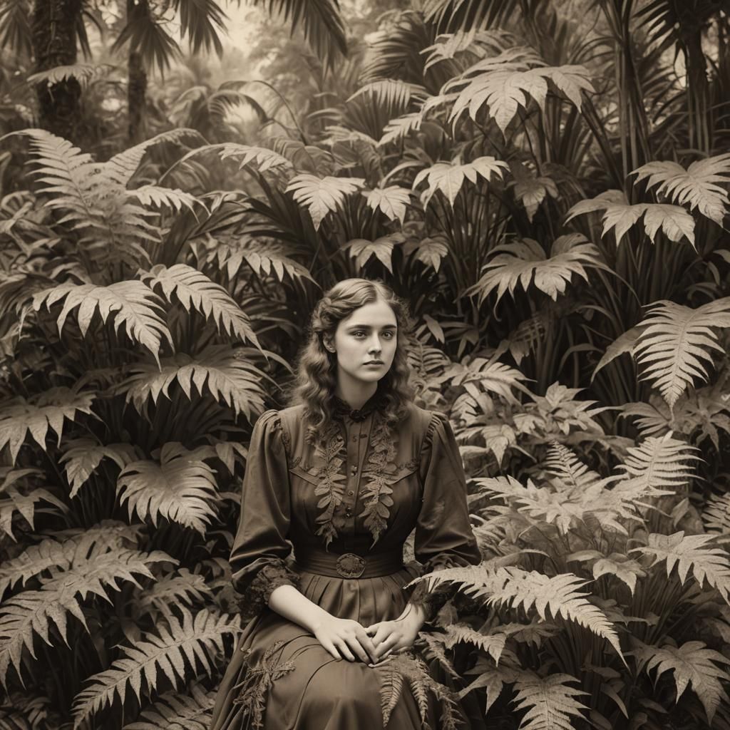 Vintage Portrait of Woman with Ferns in Sepia