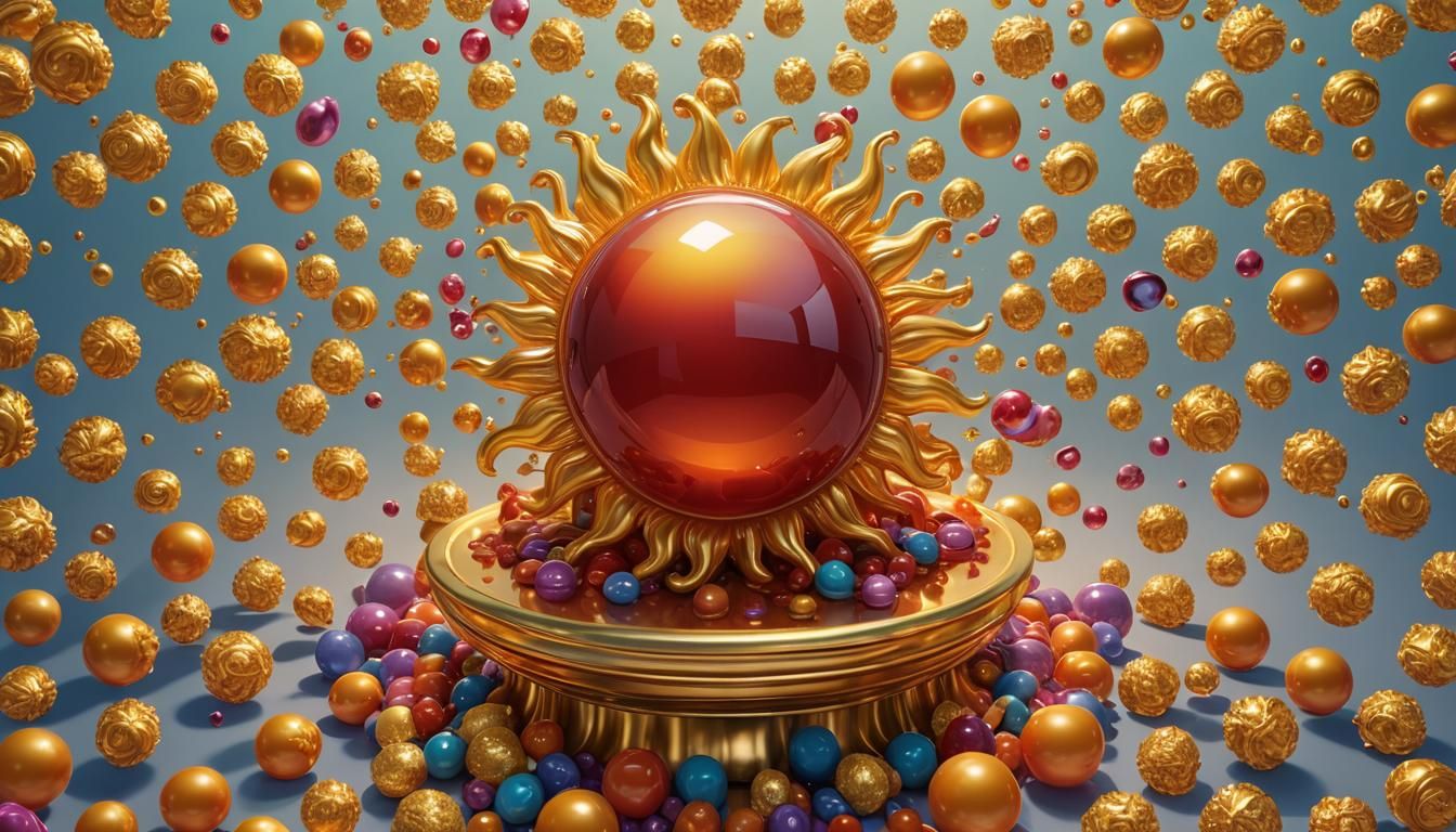 Jelly Sun Sculpture on Golden Pedestal: Candy Art