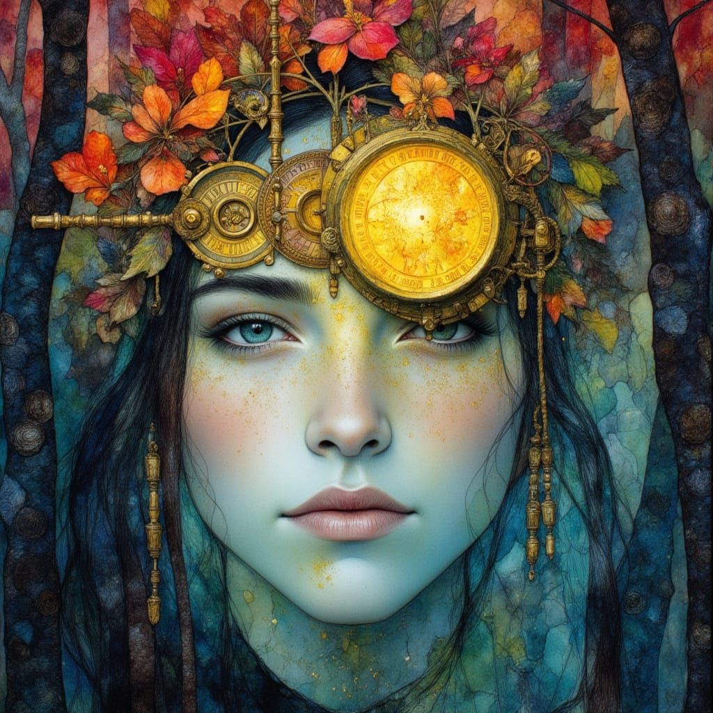 Steampunk Druid Portrait in Alcohol Ink Style